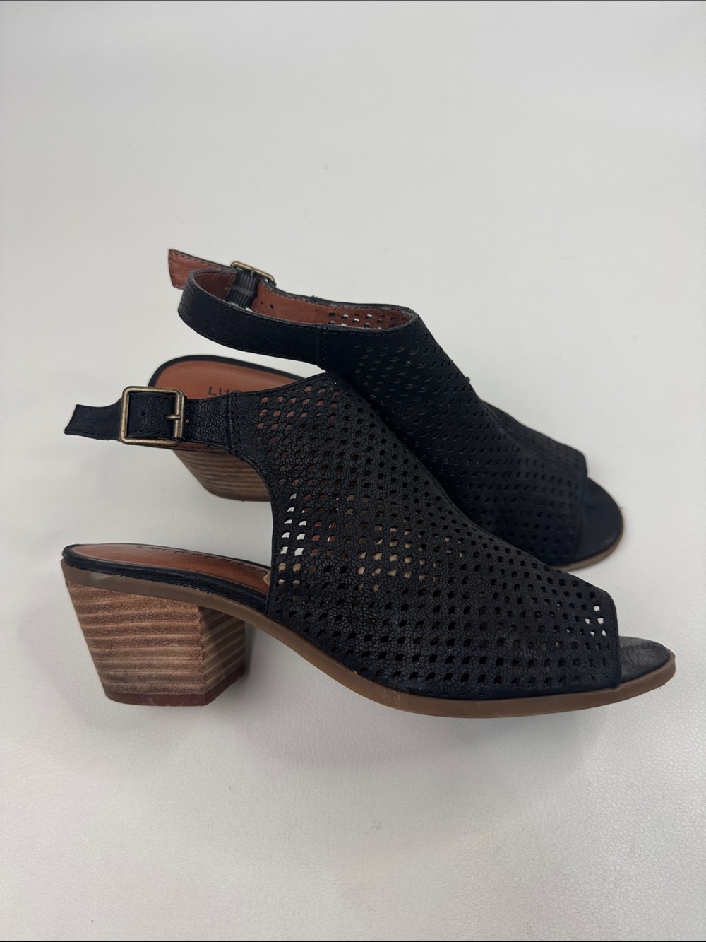 Lucky Brand Black Perforated Slingback Block Heel Sandals Size 8.5 slingback